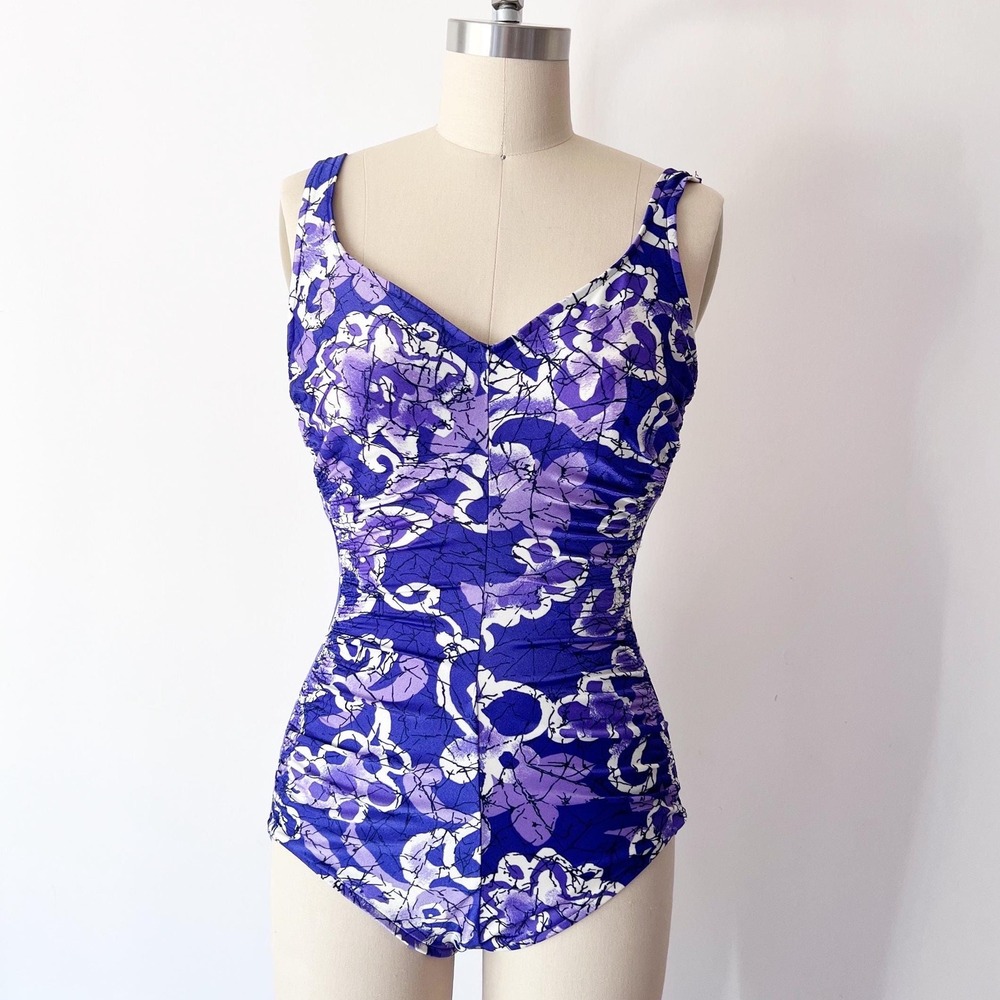 Size 10 Maxine‎ of Hollywood Swimsuit Purple Floral Ruched One Piece Vintage